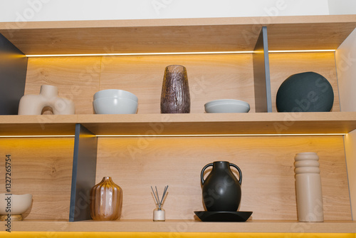 Obraz na płótnie Stylish Decorative Items On Wooden Shelves w salonie