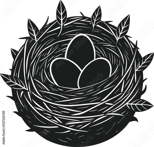Bird Nest with Eggs Vector Illustration – Spring Nature Silhouette for Wildlife and Easter Themes