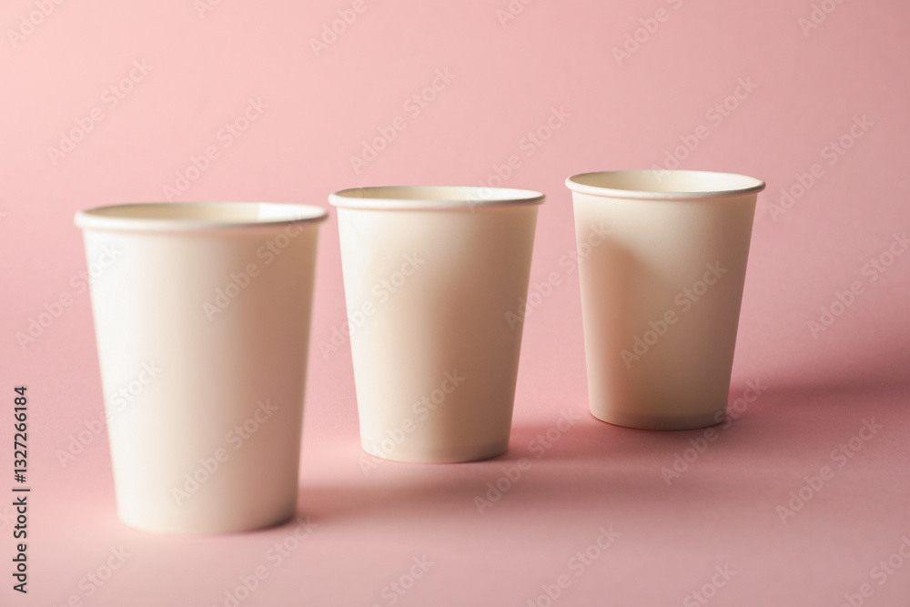 Paper cups on pink background, closeup. Mockup for design Paper cups on pink background, closeup. Mockup for design