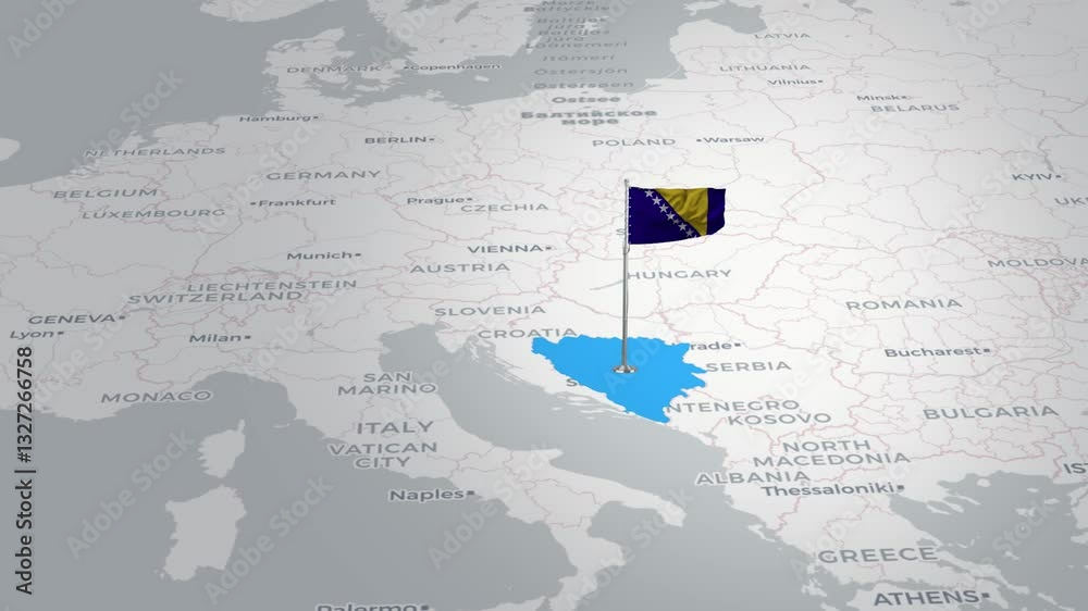 Bosnia and Herzegovina map animation.The Bosnia and Herzegovina flag flies majestically over a detailed map