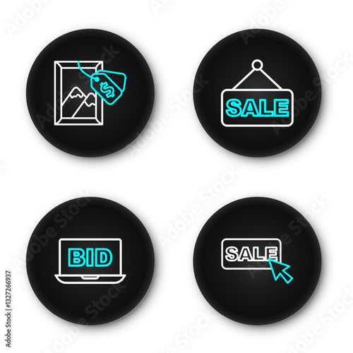 Set line Price tag with Sale, Online auction, and Auction painting icon. Vector