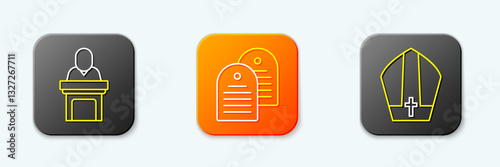 Set line Church pastor preaching, Holy bible book and Pope hat icon. Vector