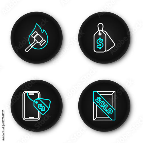 Set line Auction painting sold, Online auction, Price tag with Sale and hammer icon. Vector