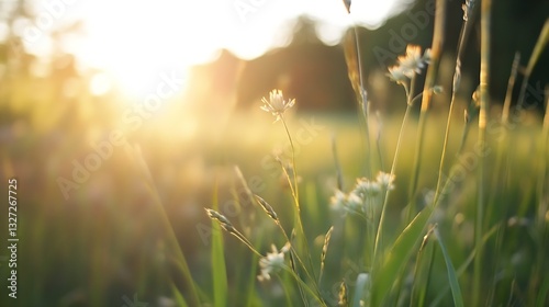 Soft golden sunlight illuminating delicate flowers in a serene meadow during sunset : Generative AI