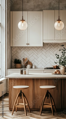Modern kitchen interior with wooden elements, elegant lighting, and minimalistic decor in bright natural light