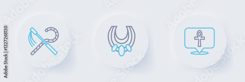 Set line Cross ankh, Egyptian necklace and Crook and flail icon. Vector