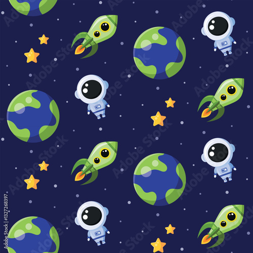 Seamless cosmic pattern with austronaut, planet, stars and space ship on dark blue background. Space backdrop. Flat design. Cartoon style. Pattern for kids. Vector illustration.