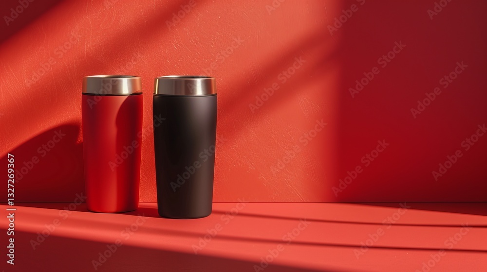 Fototapeta premium Two Mugs on Red Background with Shadow for Promotional Use