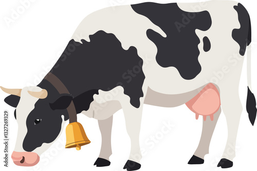 A black and white dairy cow grazing peacefully in a flat design style showcasing natural beauty and tranquility in vector art