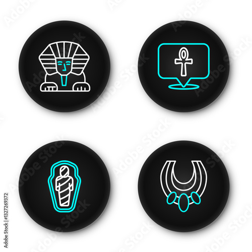 Set line Egyptian necklace, mummy in sarcophagus, Cross ankh and Sphinx icon. Vector
