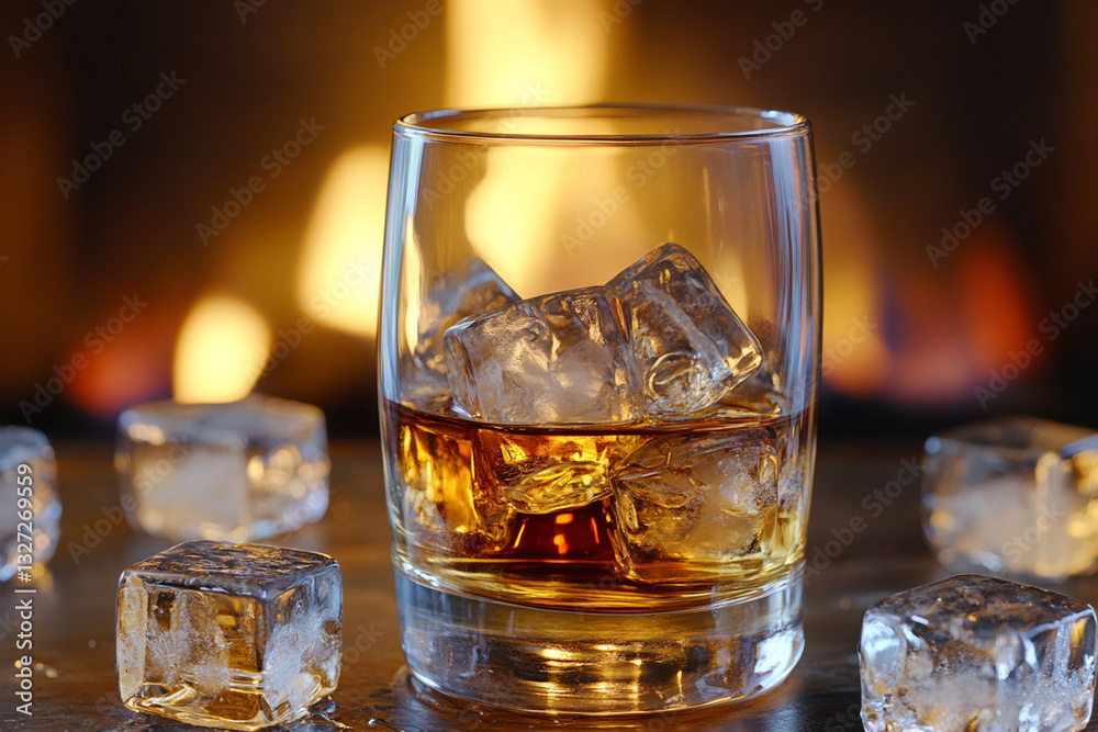A glass of bourbon and ice cubes on the background of a fireplace A glass of bourbon and ice cubes on the background of a fireplace