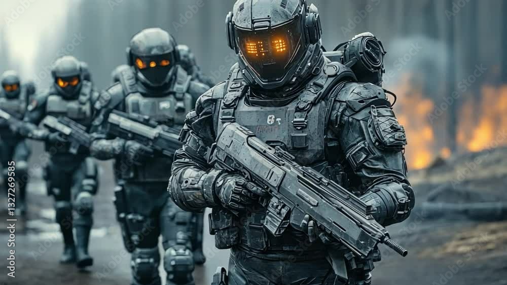 Futuristic Soldiers Marching: A squad of futuristic soldiers, clad in advanced tactical gear and helmets with glowing visors, marches confidently across a battlefield. Futuristic Soldiers Marching: A squad of futuristic soldiers, clad in advanced tactical gear and helmets with glowing visors, marches confidently across a battlefield.
