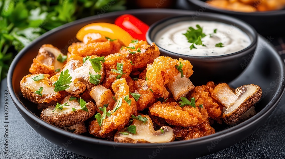 Deep fried chicken and beer Crispy fried mushrooms served with a creamy dip and garnished. Deep fried chicken and beer Crispy fried mushrooms served with a creamy dip and garnished.