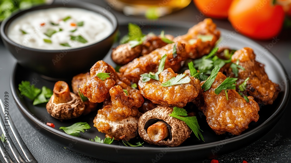 Fototapeta premium Deep fried chicken and beer Delicious fried wings served with a creamy dip and garnished with herbs.