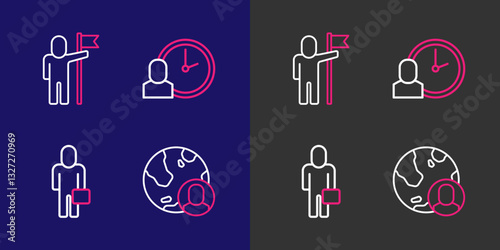 Set line Globe and people, Businessman, Work time and Man holding flag icon. Vector