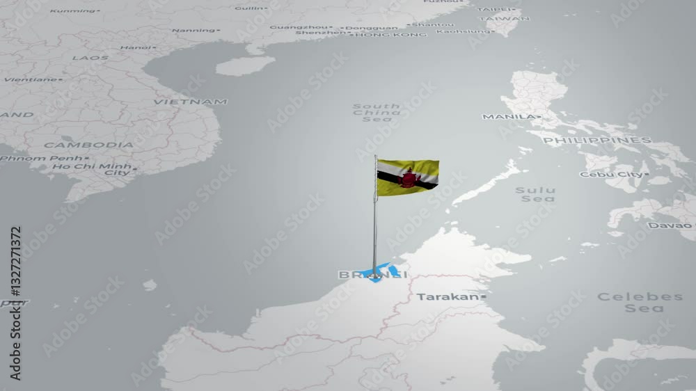 Brunei map animation.The Brunei flag flies majestically over a detailed map