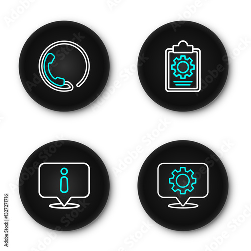 Set line Location with gear, Information, Checklist 24 hours service and Telephone support icon. Vector photo