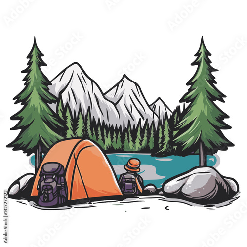 Solitary Camper Overlooking Mountain Lake with Tent and Backpack