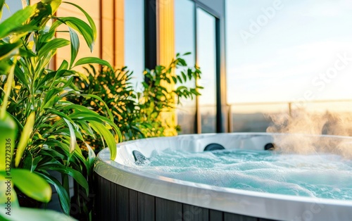 Relaxing Hot Tub with Lush Greenery at Sunset