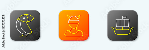 Set line Albatross, Viking head and ship Drakkar icon. Vector