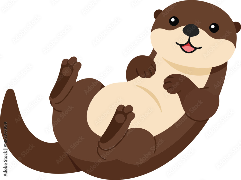 Cute cartoon otter lying on its back with a playful expression in a minimal flat vector illustration