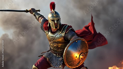 Warrior in Full Armor with Sword and Shield