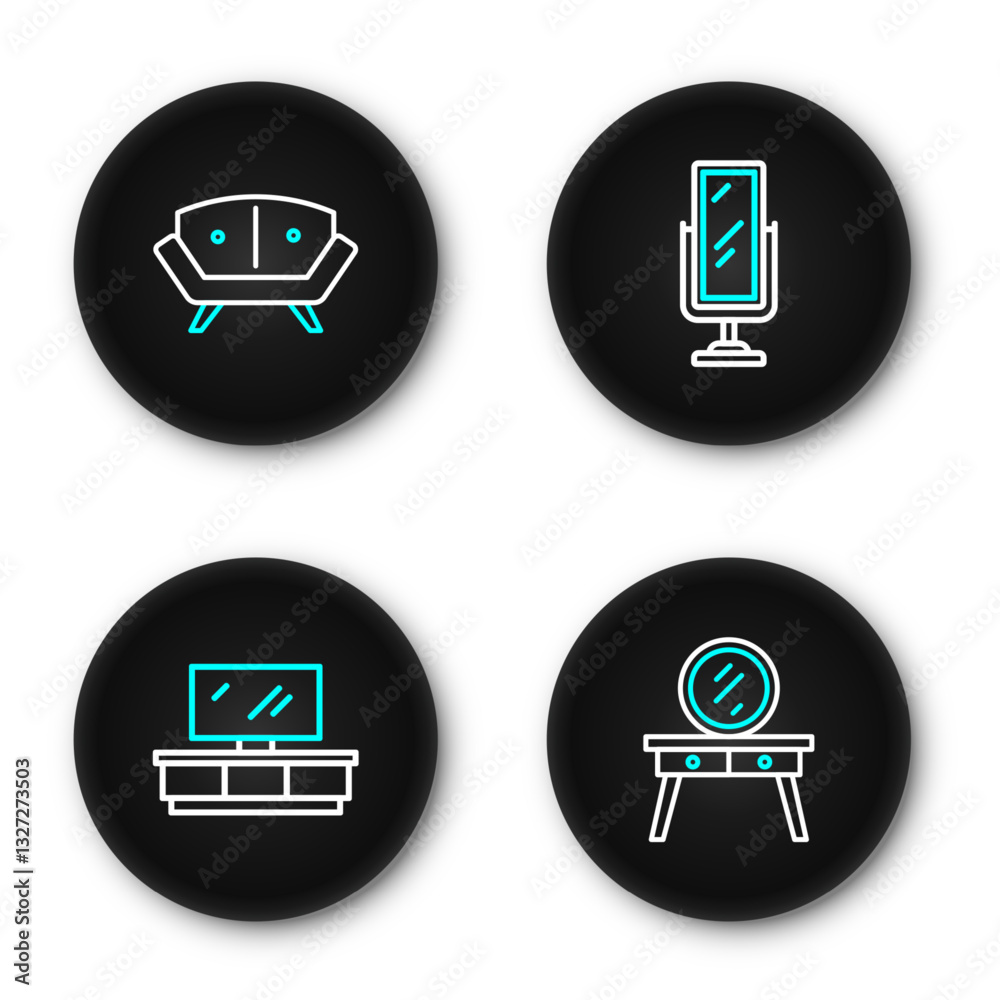 Fototapeta premium Set line Dressing table, TV stand, Big full length mirror and Sofa icon. Vector