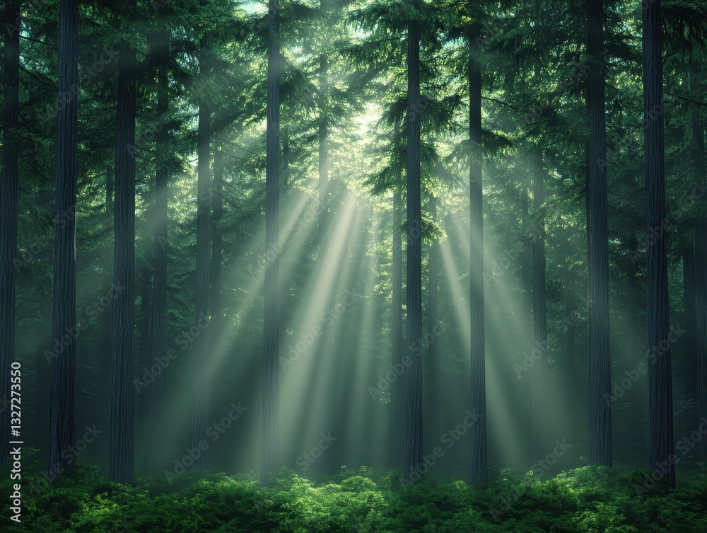 Obraz premium Sunlight filtering through tall trees in a serene forest, creating a tranquil atmosphere