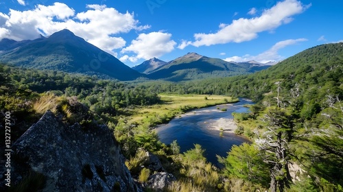 Stunning aerial view of lush green landscape with a winding river and majestic mountains under a bright blue sky : Generative AI