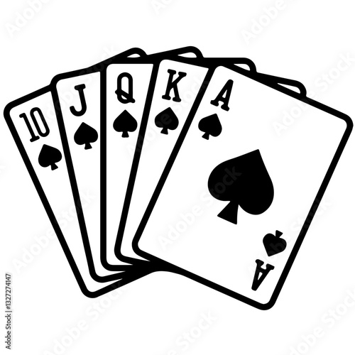 Five Playing Cards in a Fan, All Spades: 10, Jack, Queen, King, Ace. Card Game, Poker, Card Competition.

