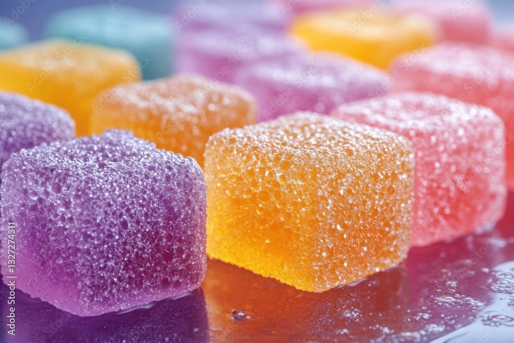 Colorful sugary sweets arranged on reflective surface tempting and vibrant perfect for a sweet craving Colorful sugary sweets arranged on reflective surface tempting and vibrant perfect for a sweet craving