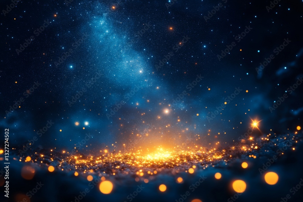 Starry night sky with bright yellow spot in the middle