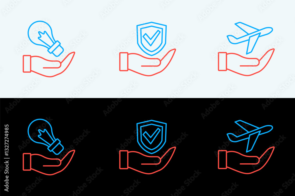 Fotografie Set line Plane in hand, Light bulb and Shield icon. Vector