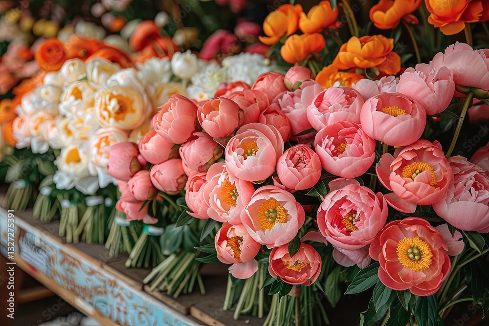 A bouquet of colorful bright peony flowers in vases on the window of store