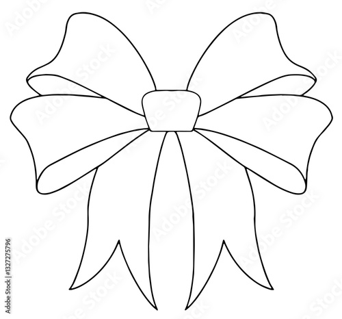 Decorative bow with large loops and long trailing ends, central rectangular knot.

