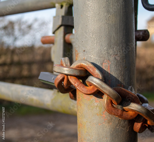  lock and chain on a metal door in a field