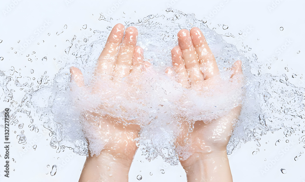 Fototapeta premium Hands Holding Splashing Water with Bubbles and Clear Background