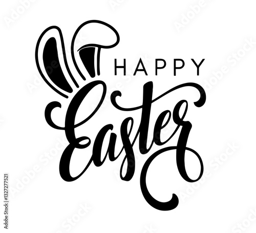 Happy Easter text with "Happy" in simple font and "Easter" in larger, curved, calligraphy-style font, with Easter bunny ears
