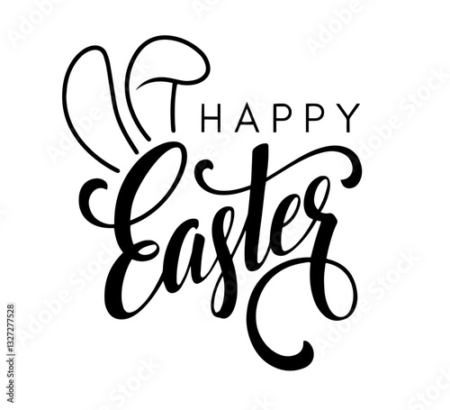 Happy Easter text for cards, with "Happy" in capital letters and "Easter" in cursive with swirls, accompanied by two Easter bunny ears