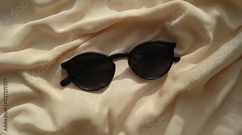 A pair of classic black round sunglasses resting on flowing beige fabric, with soft sunlight casting elegant shadows