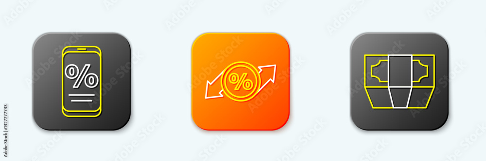 Φωτογραφία Set line Percent discount and mobile, Discount percent tag and Stacks paper money cash icon