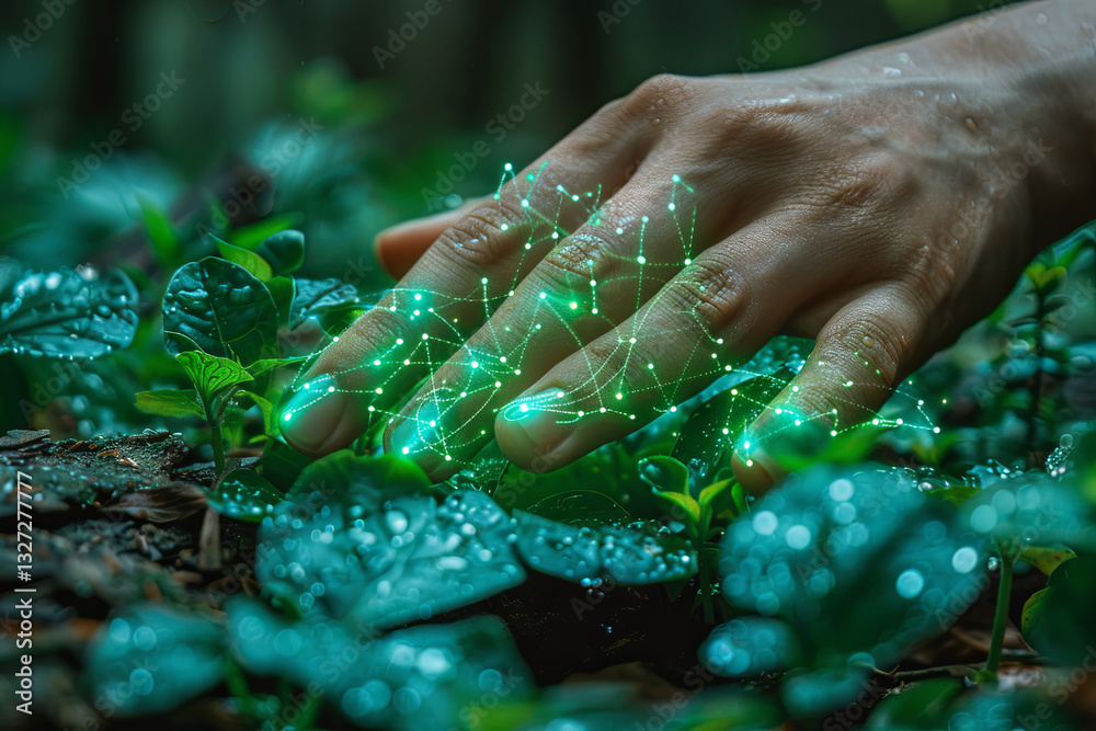 Hand is touching leaf in green forest. Serene and peaceful mood, as it captures moment of connection between nature and humanity