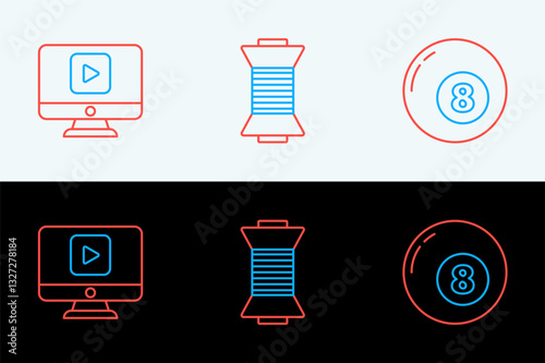 Set line Billiard pool snooker ball, Online play video and Sewing thread on spool icon. Vector