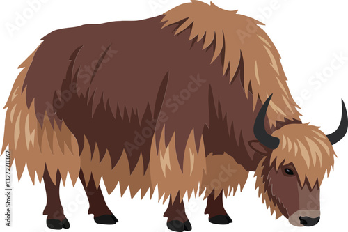 Detailed vector illustration of a brown yak grazing peacefully on a grassy field, showcasing its thick fur and prominent horns in a minimal style vector art