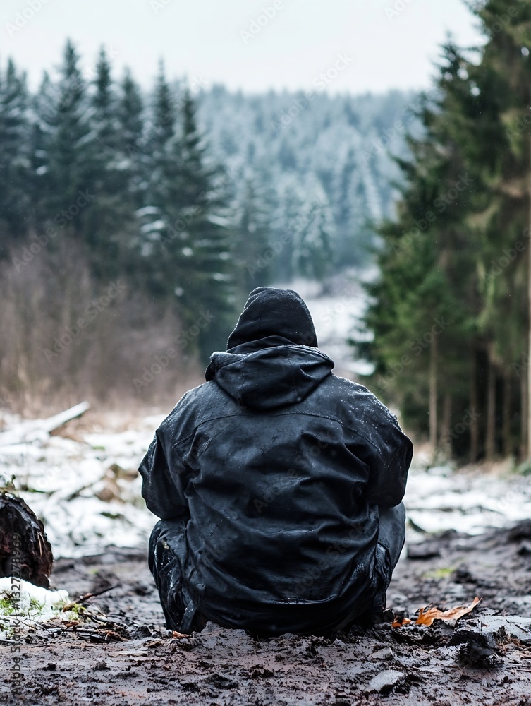 Person Sitting in the Forest Surrounded by Snowy Pines in a Reflective Moment of Solitude : Generative AI Person Sitting in the Forest Surrounded by Snowy Pines in a Reflective Moment of Solitude : Generative AI