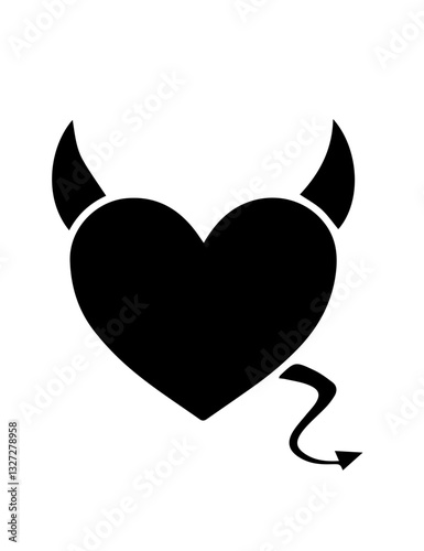 Black heart with horns and a tail, symbolizing a devilish design, with horns at the top and a triangular-ended tail curving downward.
