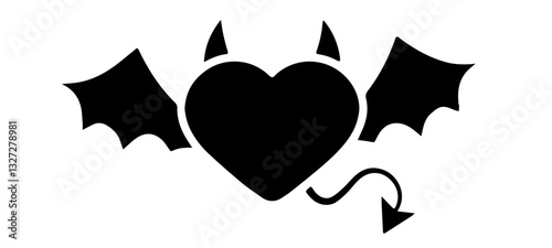 Black heart with wings and tail, adorned with horns, representing the devil, temptation, and wickedness, with bat-like wings and arrow-shaped tail.