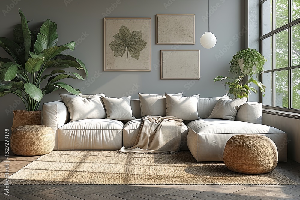 Modern and minimalist design living room with white couch and window. Focus on natural elements like the plant and the rug