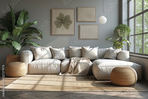 Obraz na płótnie Modern and minimalist design living room with white couch and window. Focus on natural elements like the plant and the rug w salonie