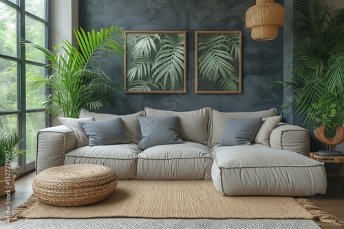 Living room with grey couch, rug. Apartment has natural, tropical feel with the potted plant